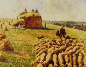Flock of Sheep in a Field after the Harvest by Camille Pissarro - Oil Painting Reproduction