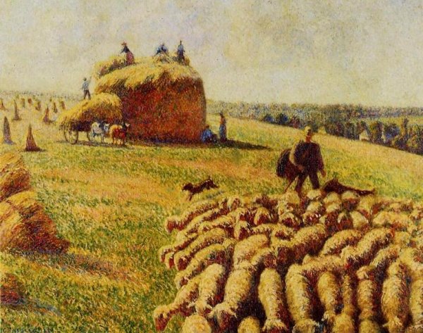 Flock of Sheep in a Field after the Harvest by Camille Pissarro - Hand-Painted Oil Painting Reproduction