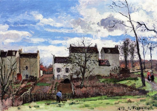 Main Product Photo of Houses on a Hillside, Winter, near Louveciennes Painting by Camille Pissarro