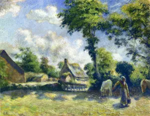 Landscape at Melleray, Woman Carrying Water to Horses by Camille Pissarro Oil Painting