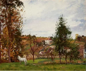 Landscape with a White Horse in a Meadow, L'Hermitage by Camille Pissarro - Oil Painting Reproduction