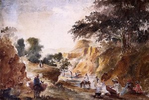 Landscape with Figures by a River by Camille Pissarro Oil Painting