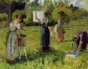 Laundresses at Eragny Oil painting by Camille Pissarro