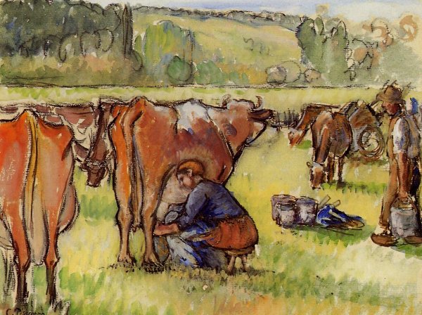 Milking Cows by Camille Pissarro - Hand-Painted Oil Painting Reproduction