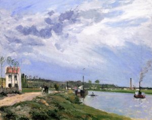 Path by the Oise with Barge, Boat and Tug, Pontoise by Camille Pissarro Oil Painting