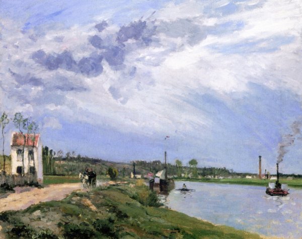 Path by the Oise with Barge, Boat and Tug, Pontoise by Camille Pissarro - Hand-Painted Oil Painting Reproduction