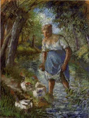 Peasant Crossing a Stream by Camille Pissarro - Oil Painting Reproduction