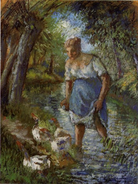 Peasant Crossing a Stream by Camille Pissarro - Hand-Painted Oil Painting Reproduction