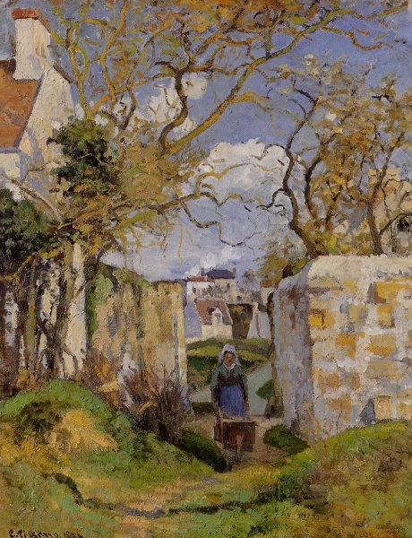 Peasant Pushing a Wheelbarrow, Maison Rondest, Pontoise by Camille Pissarro - Hand-Painted Oil Painting Reproduction