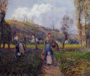 Peasant Woman and Child Harvesting the Fields, Pontoise by Camille Pissarro Oil Painting