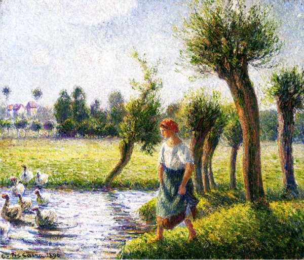 Peasant Woman Watching the Geese by Camille Pissarro - Hand-Painted Oil Painting Reproduction