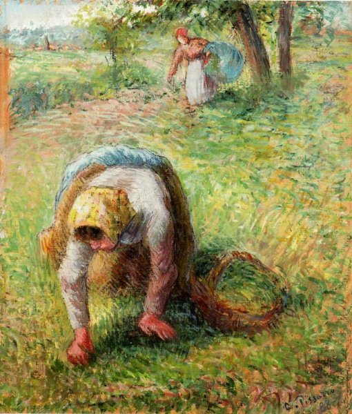 Peasants Gathering Grass by Camille Pissarro - Hand-Painted Oil Painting Reproduction