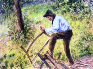 Pere Melon Sawing Wood II Oil painting by Camille Pissarro
