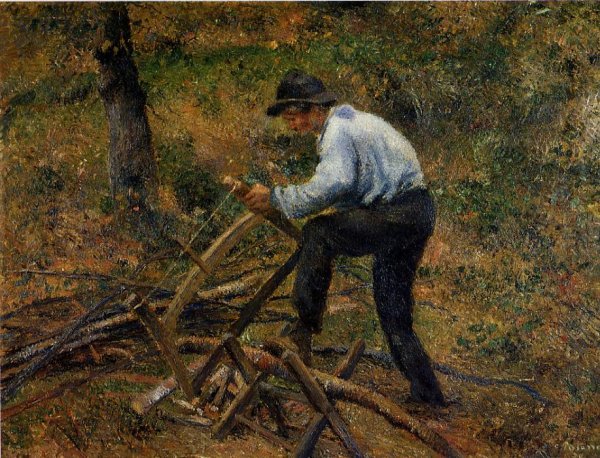 Pere Melon Sawing Wood by Camille Pissarro - Hand-Painted Oil Painting Reproduction