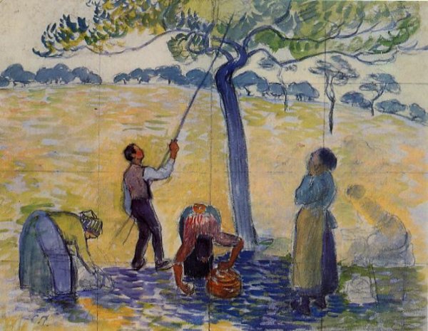 Main Product Photo of Picking Apples Painting by Camille Pissarro