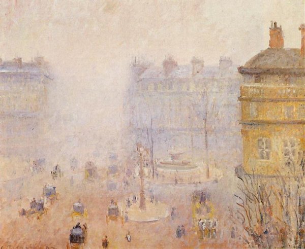 Place du Theatre Francais: Foggy Weather by Camille Pissarro - Hand-Painted Oil Painting Reproduction