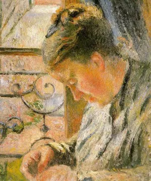 Portrait of Madame Pissarro Sewing Near a Window by Camille Pissarro - Oil Painting Reproduction