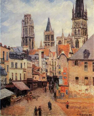 Rue de l'Eppicerie, Rouen: Morning, Grey Weather painting by Camille Pissarro