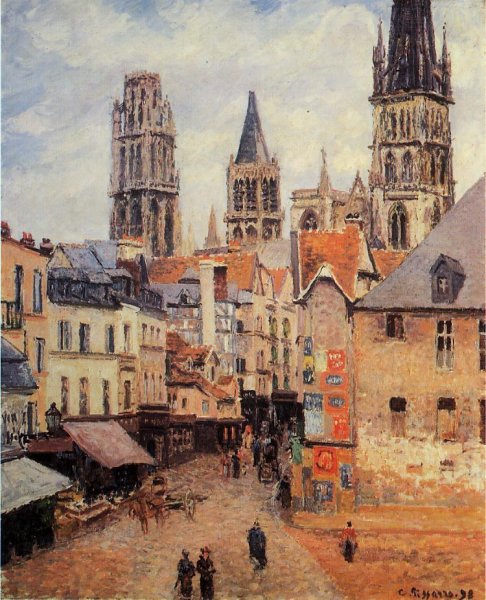 Main Product Photo of Rue de l'Eppicerie, Rouen: Morning, Grey Weather Painting by Camille Pissarro