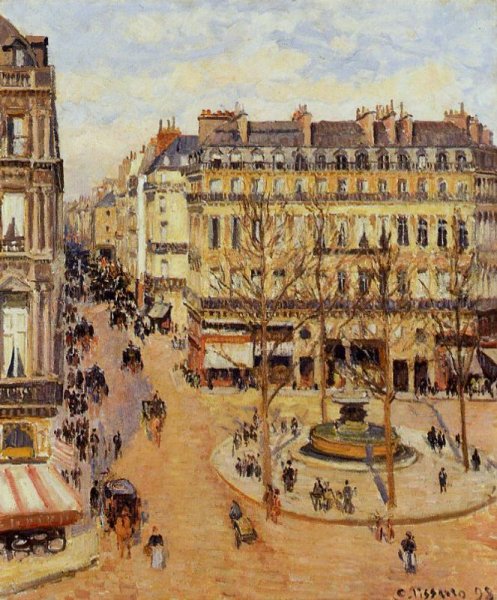 Main Product Photo of Rue Saint-Honore: Morning Sun Effect, Place du Theatre Francais Painting by Camille Pissarro