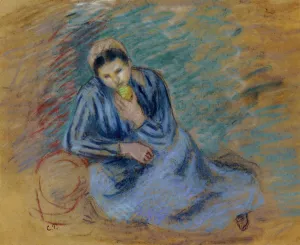 Seated Peasant Woman Crunching an Apple by Camille Pissarro - Oil Painting Reproduction