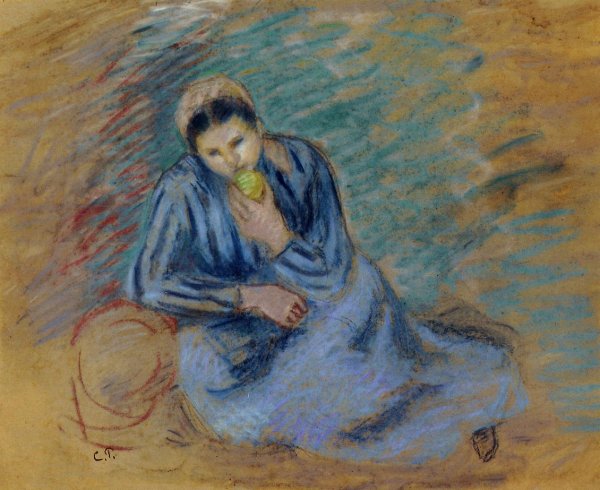 Seated Peasant Woman Crunching an Apple by Camille Pissarro - Hand-Painted Oil Painting Reproduction
