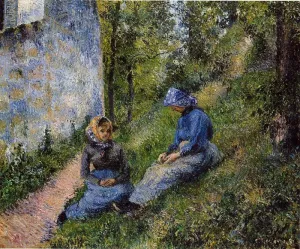 Seated Peasants, Sewing by Camille Pissarro - Oil Painting Reproduction