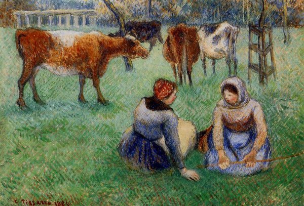 Seated Peasants Watching Cows by Camille Pissarro - Hand-Painted Oil Painting Reproduction