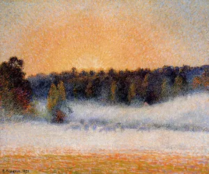Setting Sun and Fog, Eragny by Camille Pissarro - Oil Painting Reproduction