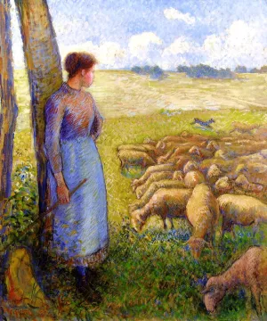 Shepherdess and Sheep by Camille Pissarro - Oil Painting Reproduction