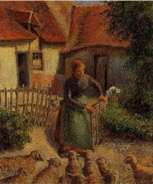 Shepherdess Bringing in the Sheep by Camille Pissarro Oil Painting