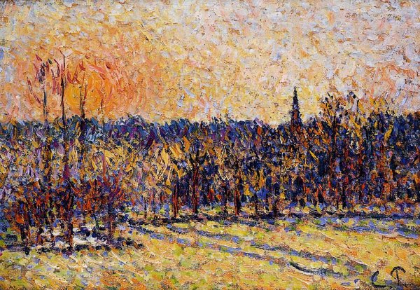 Sunset, Bazincourt Steeple by Camille Pissarro - Hand-Painted Oil Painting Reproduction
