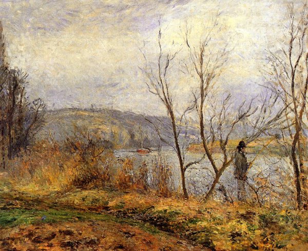 Main Product Photo of The Banks of the Oise, Pontoise also known as Man Fishing Painting by Camille Pissarro