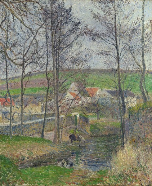 Main Product Photo of The banks of the Viosne at Osny in grey weather, winter Painting by Camille Pissarro