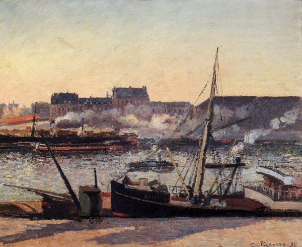 The Docks, Rouen: Afternoon by Camille Pissarro - Hand-Painted Oil Painting Reproduction