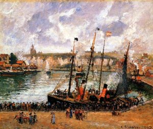 The Inner Harbor, Dieppe: High Tide, Morning, Grey Weather Oil painting by Camille Pissarro