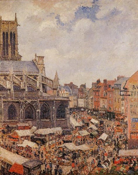 The Market by the Church of Saint-Jacques, Dieppe by Camille Pissarro - Hand-Painted Oil Painting Reproduction