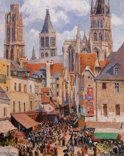 Main Product Photo of The Old Market and the Rue de l'Epicerie in Rouen Painting by Camille Pissarro