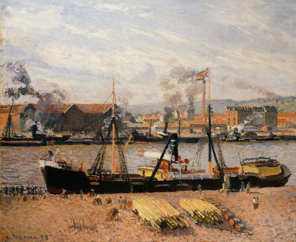 The Port of Rouen: Unloading Wood by Camille Pissarro - Hand-Painted Oil Painting Reproduction