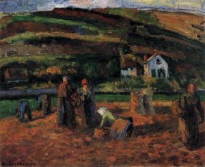 The Potato Harvest Oil painting by Camille Pissarro