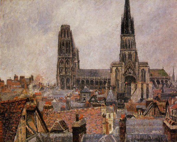 The Roofs of Old Rouen: Grey Weather aka The Cathedral by Camille Pissarro - Hand-Painted Oil Painting Reproduction