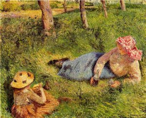 The Snack, Child and Young Peasant at Rest also known as Afternoon Break, Child and Young Peasant Woman Resting by Camille Pissarro Oil Painting
