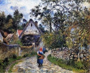 The Village Path also known as Thatched Cottages at Valhermeille by Camille Pissarro Oil Painting