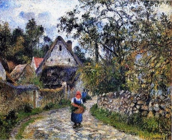 The Village Path also known as Thatched Cottages at Valhermeille by Camille Pissarro - Hand-Painted Oil Painting Reproduction