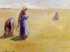 Three Women Cutting Grass by Camille Pissarro - Oil Painting Reproduction