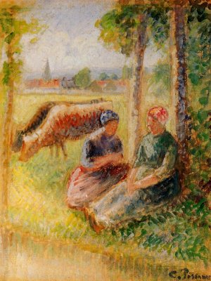 Two Cowherds by the River by Camille Pissarro Oil Painting