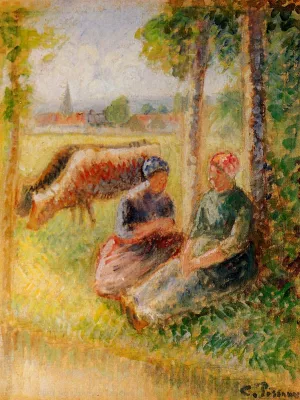 Two Cowherds by the River by Camille Pissarro - Oil Painting Reproduction