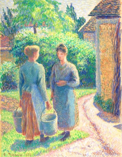 Two Women in a Garden  by Camille Pissarro - Hand-Painted Oil Painting Reproduction