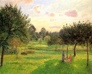 Two Women in a Meadow: Sunset at Eragny Oil painting by Camille Pissarro