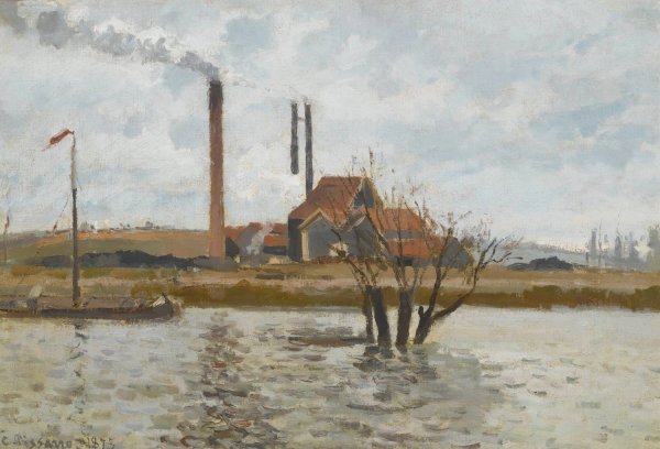Usine a Saint-Ouen-L'aumone, La Crue De L'oise  by Camille Pissarro - Hand-Painted Oil Painting Reproduction